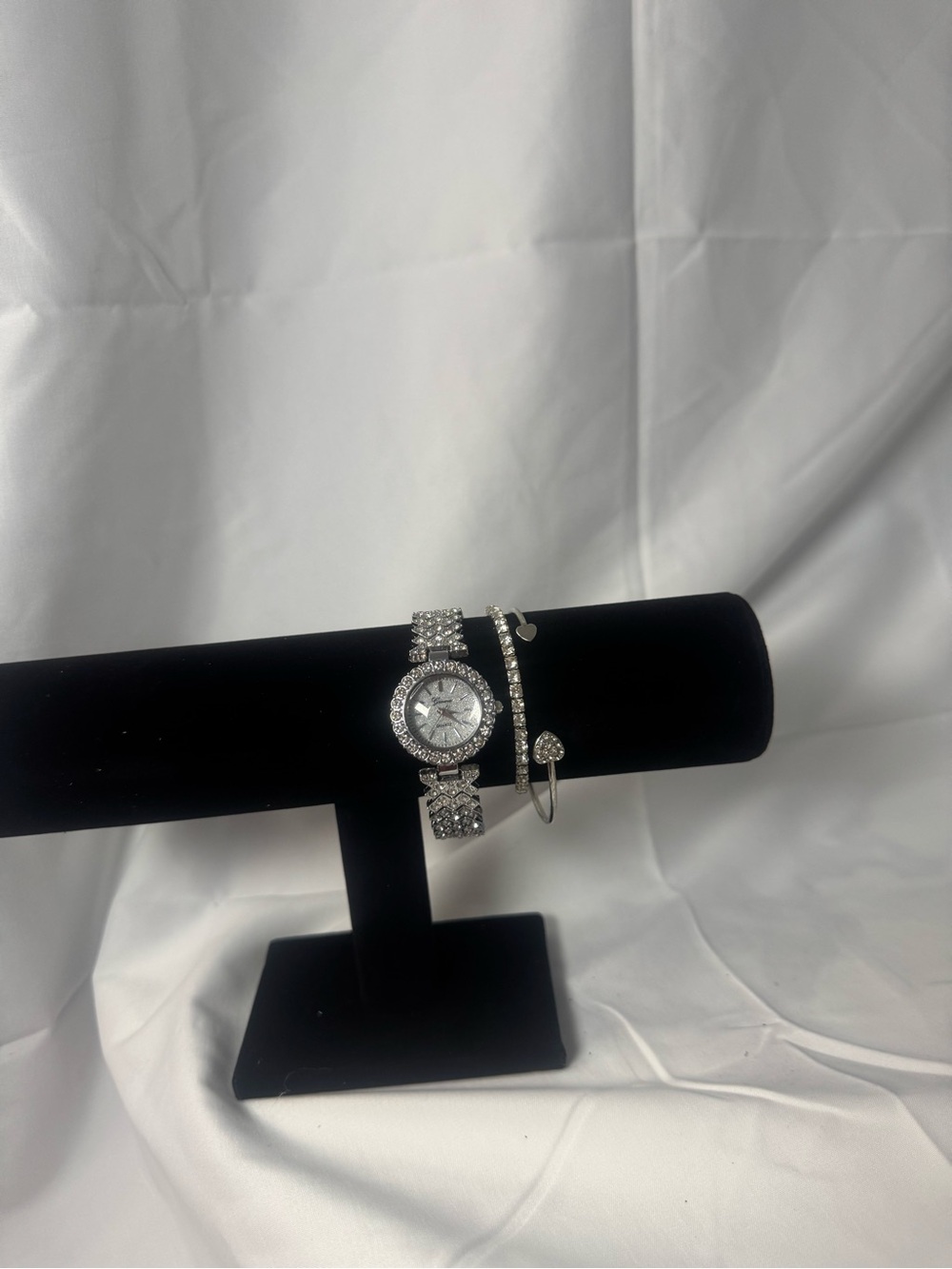 Silver Crystal Accent Women's Watch and Bracelet Set
